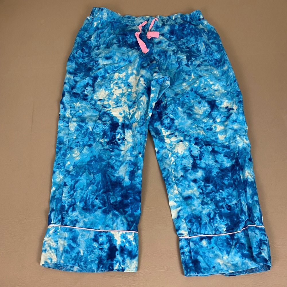 Lands End Pajama Pants XL 18 Crop Blue White Tie Dye Cotton Sleepwear Comfort